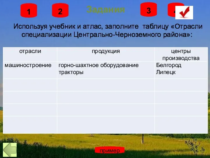 Задания 1 2 3 4 Используя учебник и атлас, заполните таблицу «Отрасли специализации Центрально-Черноземного района»: пример