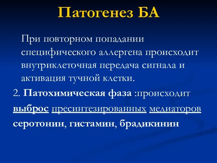 Патогенез БА При повторном попадании специфического аллергена происходит внутриклеточная передача сигнала и