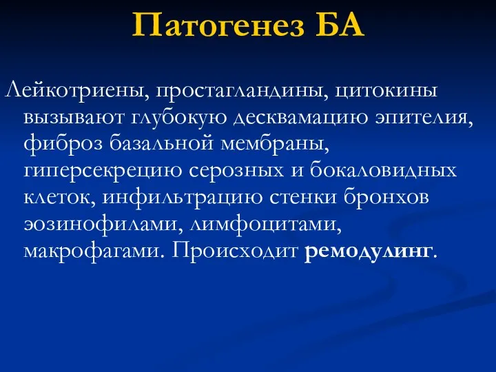 Патогенез БА Лейкотриены, простагландины, цитокины вызывают глубокую десквамацию эпителия, фиброз базальной мембраны,