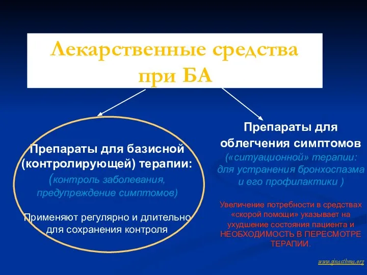 Лекарственные средства при БА Препараты для базисной (контролирующей) терапии: (контроль заболевания, предупреждение