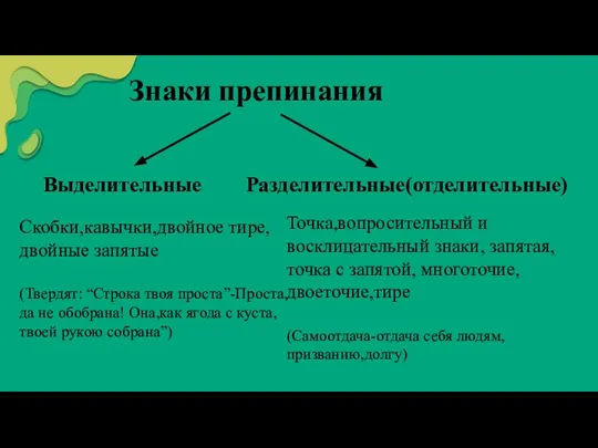 Выделительные Разделительные(отделительные) Точка,вопросительный и восклицательный знаки, запятая, точка с запятой, многоточие, двоеточие,тире