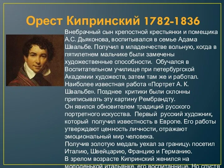 Орест Кипринский 1782-1836 Внебрачный сын крепостной крестьянки и помещика А.С. Дьяконова, воспитывался