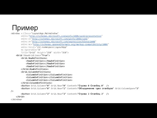 Пример xmlns="http://schemas.microsoft.com/winfx/2006/xaml/presentation" xmlns:x="http://schemas.microsoft.com/winfx/2006/xaml" xmlns:d="http://schemas.microsoft.com/expression/blend/2008" xmlns:mc="http://schemas.openxmlformats.org/markup-compatibility/2006" xmlns:local="clr-namespace:LayoutApp" mc:Ignorable="d" Title="Grid" Height="250" Width="350">