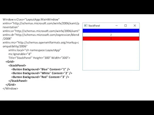 Window x:Class="LayoutApp.MainWindow" xmlns="http://schemas.microsoft.com/winfx/2006/xaml/presentation" xmlns:x="http://schemas.microsoft.com/winfx/2006/xaml" xmlns:d="http://schemas.microsoft.com/expression/blend/2008" xmlns:mc="http://schemas.openxmlformats.org/markup-compatibility/2006" xmlns:local="clr-namespace:LayoutApp" mc:Ignorable="d" Title="StackPanel" Height="300" Width="300">