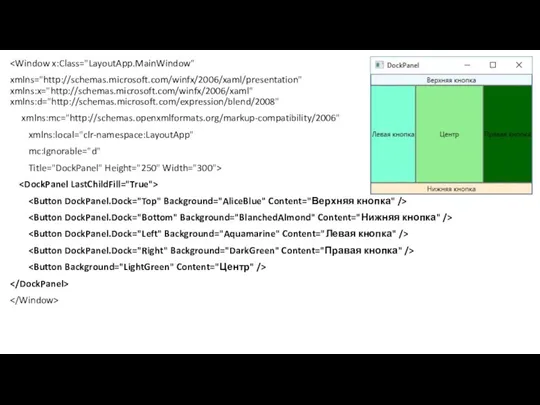 xmlns="http://schemas.microsoft.com/winfx/2006/xaml/presentation" xmlns:x="http://schemas.microsoft.com/winfx/2006/xaml" xmlns:d="http://schemas.microsoft.com/expression/blend/2008" xmlns:mc="http://schemas.openxmlformats.org/markup-compatibility/2006" xmlns:local="clr-namespace:LayoutApp" mc:Ignorable="d" Title="DockPanel" Height="250" Width="300">