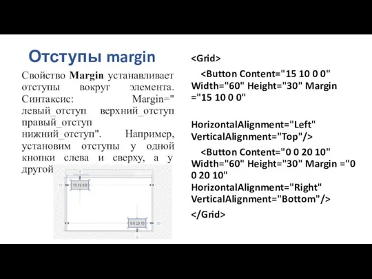 Отступы margin Свойство Margin устанавливает отступы вокруг элемента. Синтаксис: Margin="левый_отступ верхний_отступ правый_отступ