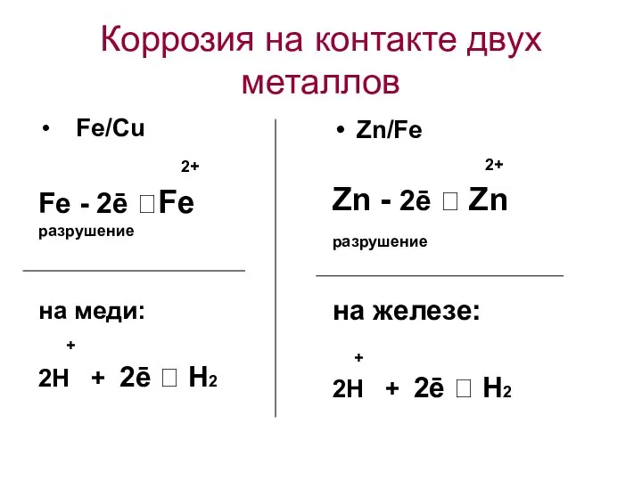 Коррозия на контакте двух металлов Fe/Cu 2+ Fe - 2ē ?Fe разрушение