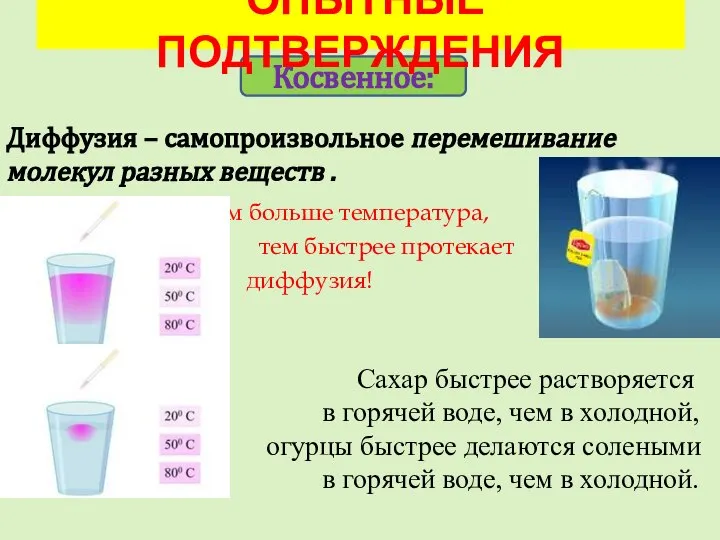 Косвенное: Диффузия – самопроизвольное перемешивание молекул разных веществ . Чем больше температура,