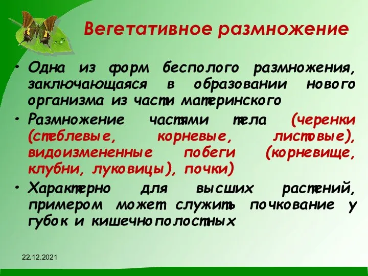 Вегетативное размножение Одна из форм бесполого размножения, заключающаяся в образовании нового организма