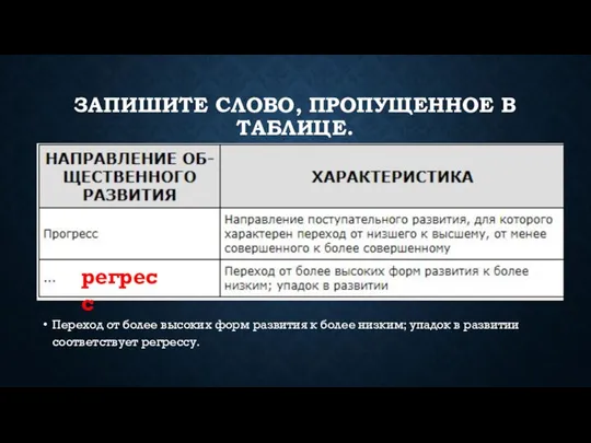 ЗАПИШИТЕ СЛОВО, ПРО­ПУ­ЩЕН­НОЕ В ТАБЛИЦЕ. Переход от более вы­со­ких форм раз­ви­тия к