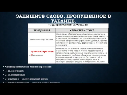 ЗАПИШИТЕ СЛОВО, ПРО­ПУ­ЩЕН­НОЕ В ТАБЛИЦЕ. Основные направления в развитии образования: 1) демократизация;