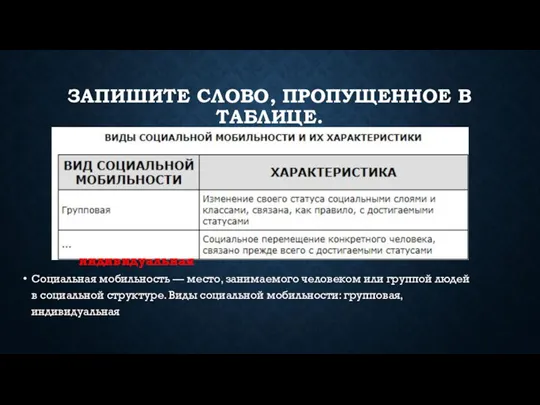 ЗАПИШИТЕ СЛОВО, ПРО­ПУ­ЩЕН­НОЕ В ТАБЛИЦЕ. Социальная мобильность — место, занимаемого человеком или