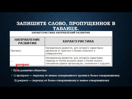 ЗАПИШИТЕ СЛОВО, ПРО­ПУ­ЩЕН­НОЕ В ТАБЛИЦЕ. Пути развития общества: 1) прогресс — переход