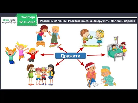 12.10.2022 Сьогодні Розглянь малюнки. Розкажи що означає дружити. Доповни перелік Дружити