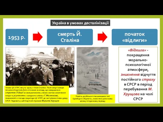 Україна в умовах десталінізації «Відлига» - покращення морально-психологічної атмосфери, зникнення відчуття постійного