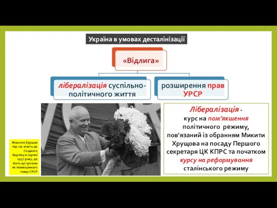 Україна в умовах десталінізації Лібералізація - курс на пом’якшення політичного режиму, пов'язаний