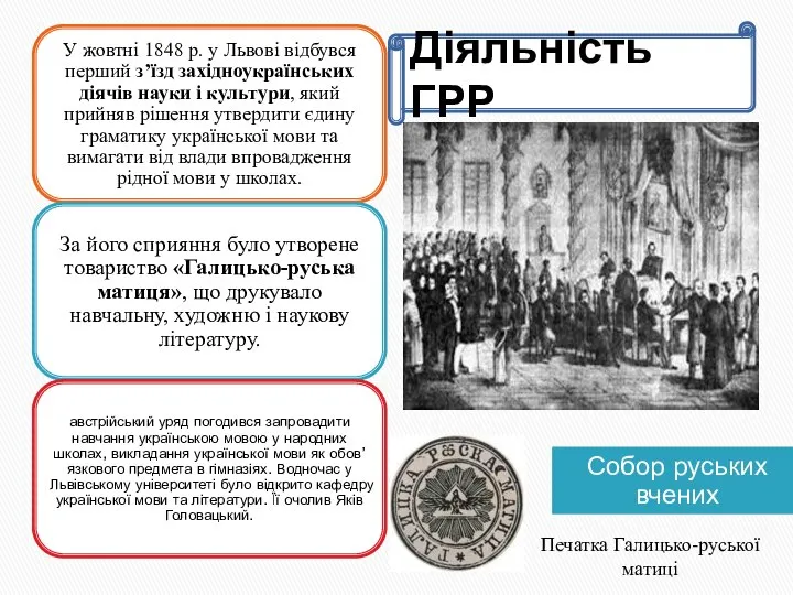 Діяльність ГРР Собор руських вчених Печатка Галицько-руської матиці