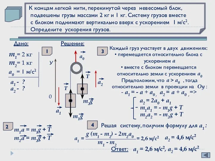 T К концам легкой нити, перекинутой через невесомый блок, подвешены грузы массами