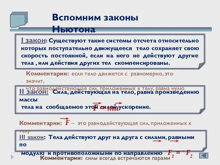 Вспомним законы Ньютона I закон: Существуют такие системы отсчета относительно которых поступательно