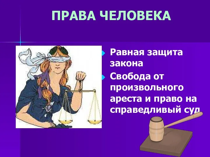 ПРАВА ЧЕЛОВЕКА Равная защита закона Свобода от произвольного ареста и право на справедливый суд