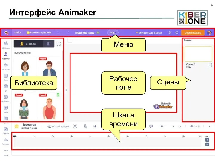 Интерфейс Animaker Рабочее поле Шкала времени Меню Сцены Библиотека