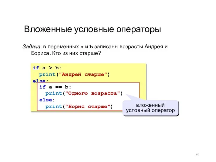 Вложенные условные операторы if a > b: print("Андрей старше") else: if a