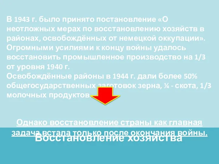 Восстановление хозяйства В 1943 г. было принято постановление «О неотложных мерах по