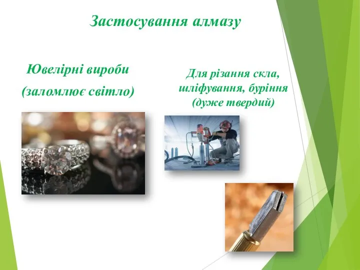 Застосування алмазу Ювелірні вироби (заломлює світло) Для різання скла, шліфування, буріння (дуже твердий)