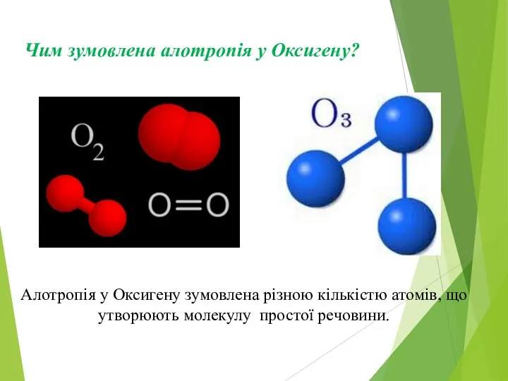 Чим зумовлена алотропія у Оксигену? Алотропія у Оксигену зумовлена різною кількістю атомів,