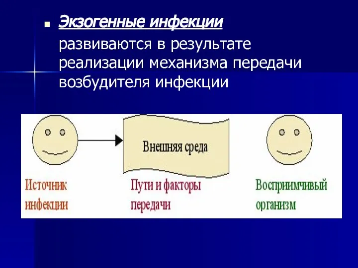 Экзогенные инфекции развиваются в результате реализации механизма передачи возбудителя инфекции