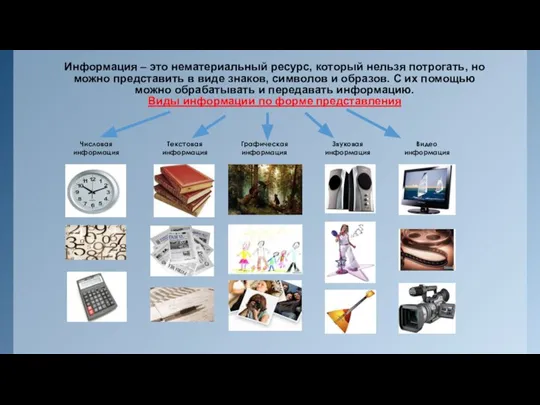 Информация – это нематериальный ресурс, который нельзя потрогать, но можно представить в