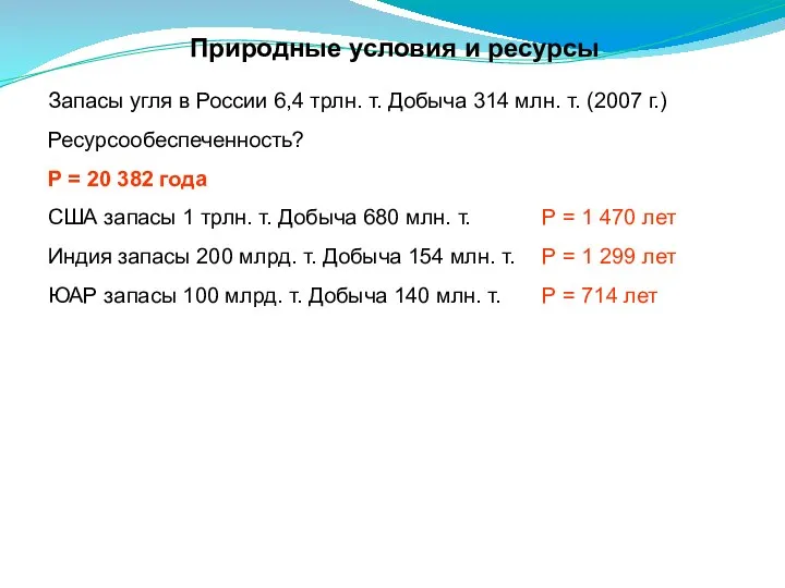 Природные условия и ресурсы Запасы угля в России 6,4 трлн. т. Добыча