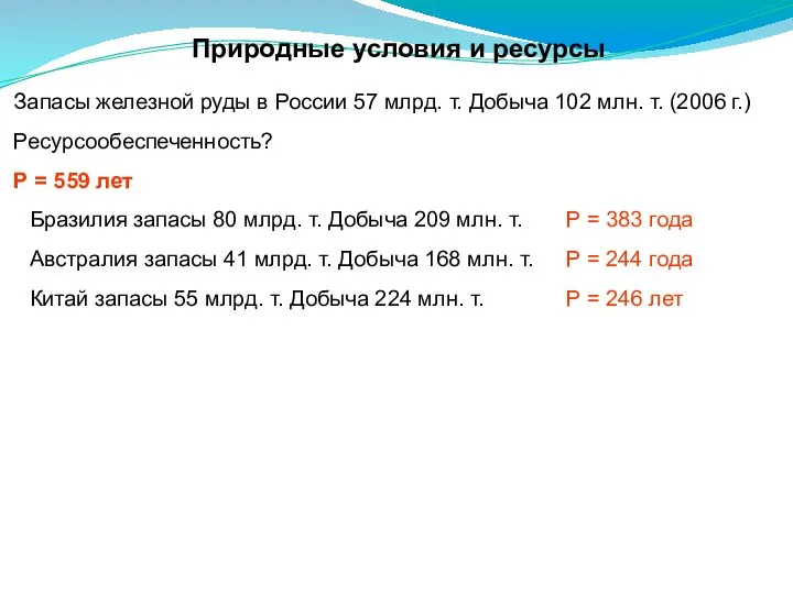 Природные условия и ресурсы Запасы железной руды в России 57 млрд. т.