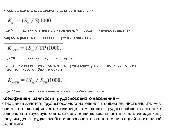 Коэффициент занятости трудоспособного населения — отношение занятого трудоспособного населения к общей его