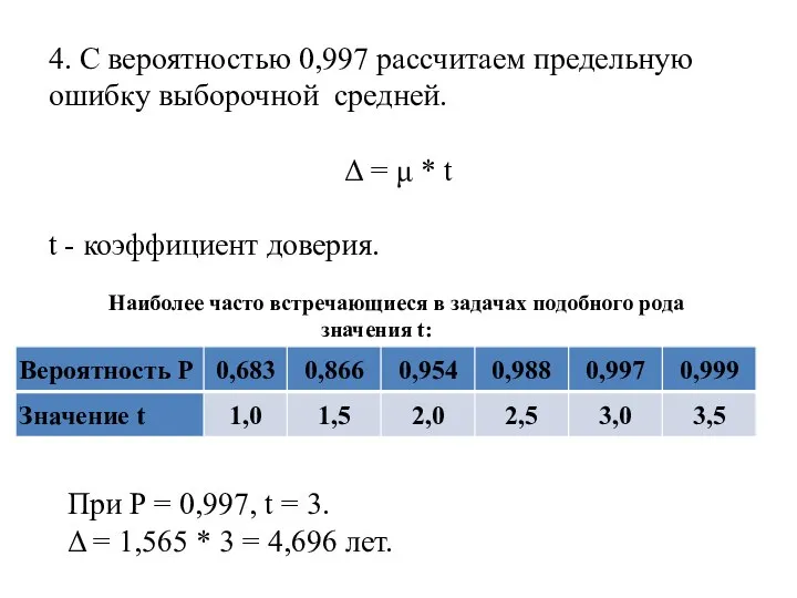 4. С вероятностью 0,997 рассчитаем предельную ошибку выборочной средней. Δ = μ