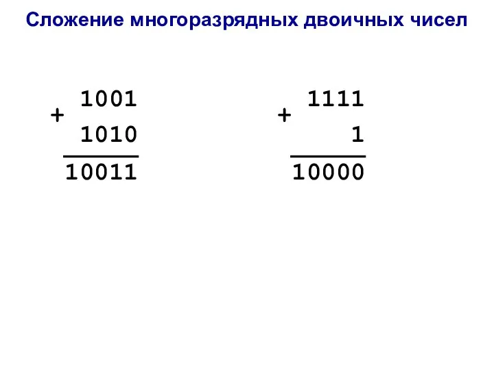 Сложение многоразрядных двоичных чисел 1001 + 1010 10011 1111 + 1 10000