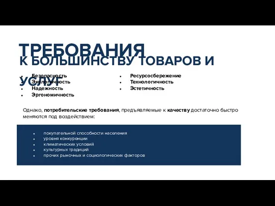 ТРЕБОВАНИЯ К БОЛЬШИНСТВУ ТОВАРОВ И УСЛУГ Безопасность Экологичность Надежность Эргономичность покупательной способности