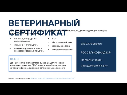 ВЕТЕРИНАРНЫЙ СЕРТИФИКАТ При международных перевозках применяются, в частности, для следующих товаров животного