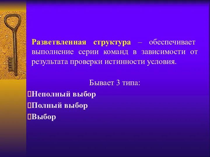 Разветвленная структура – обеспечивает выполнение серии команд в зависимости от результата проверки