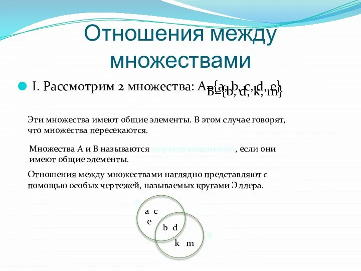 Отношения между множествами I. Рассмотрим 2 множества: А={a, b, c, d, e}