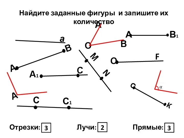 Найдите заданные фигуры и запишите их количество Отрезки: Лучи: Прямые: 3 2 3