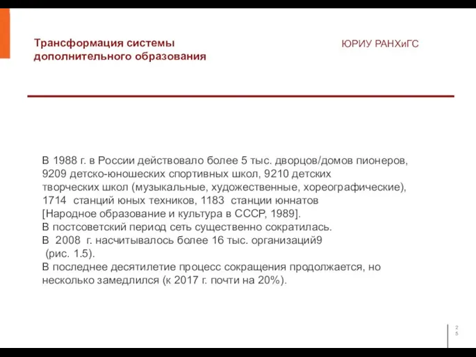 Трансформация системы дополнительного образования ЮРИУ РАНХиГС В 1988 г. в России действовало