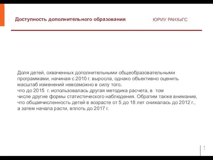 Доступность дополнительного образования ЮРИУ РАНХиГС Доля детей, охваченных дополнительными общеобразовательными программами, начиная