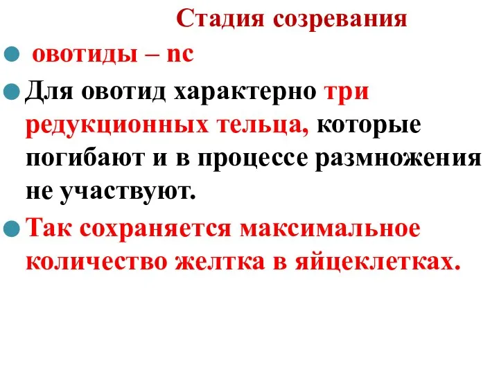 Стадия созревания овотиды – nc Для овотид характерно три редукционных тельца, которые