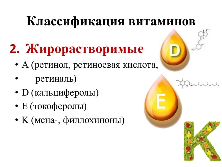 Классификация витаминов Жирорастворимые А (ретинол, ретиноевая кислота, ретиналь) D (кальциферолы) E (токоферолы) K (мена-, филлохиноны)