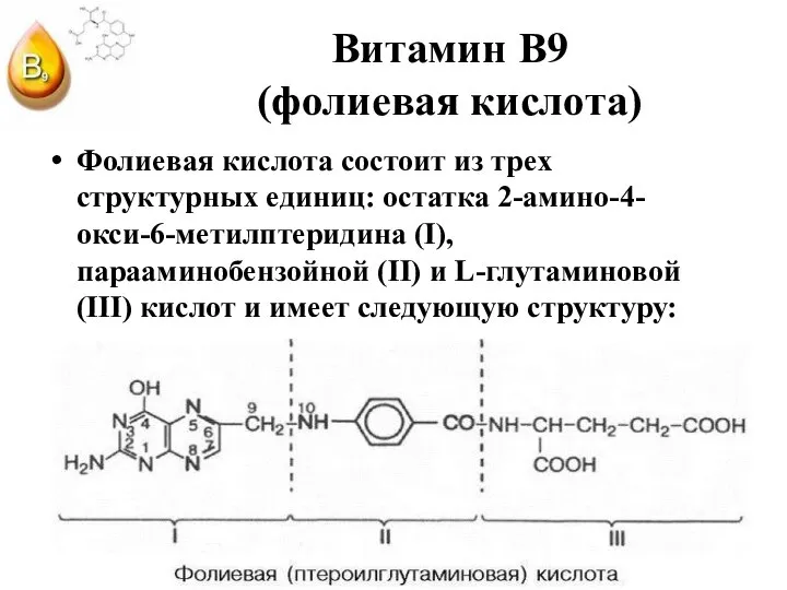 Витамин В9 (фолиевая кислота) Фолиевая кислота состоит из трех структурных единиц: остатка