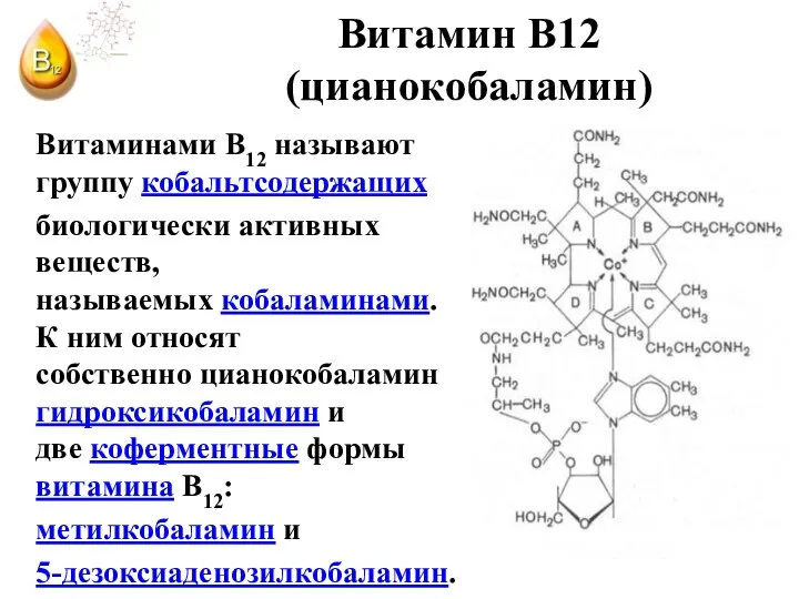 Витамин В12 (цианокобаламин) Витаминами B12 называют группу кобальтсодержащих биологически активных веществ, называемых