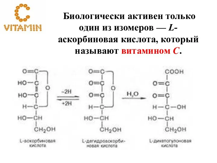 Биологически активен только один из изомеров — L-аскорбиновая кислота, который называют витамином C.