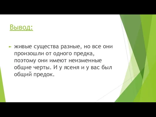 Вывод: живые существа разные, но все они произошли от одного предка, поэтому