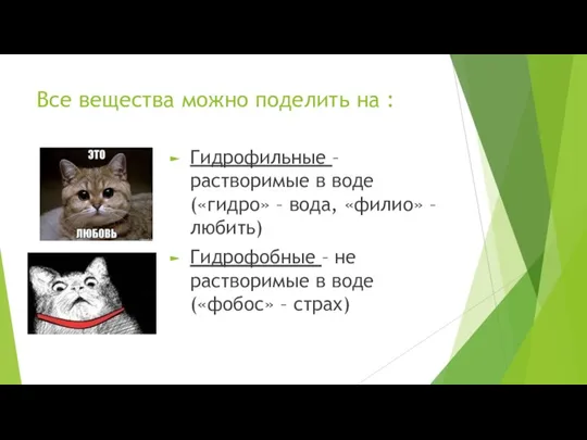 Все вещества можно поделить на : Гидрофильные – растворимые в воде («гидро»